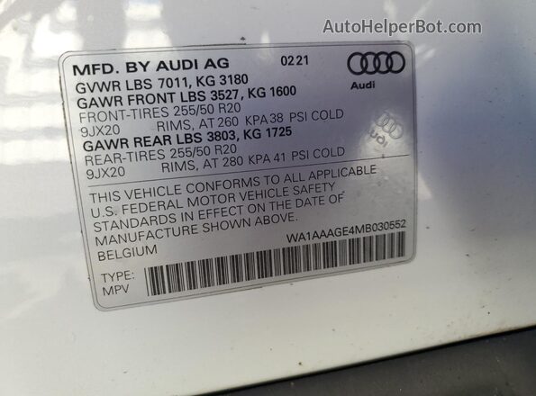 WA1AAAGE4MB030552 2021 AUDI E-TRON White Widok naklejki z numerem VIN