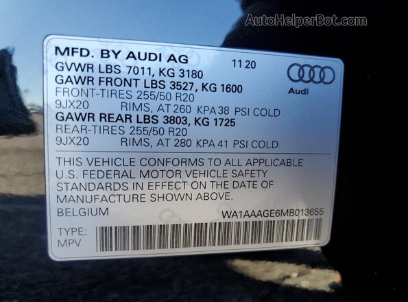WA1AAAGE6MB013655 2021 AUDI E-TRON Black VIN კოდის სტიკერის ხედი