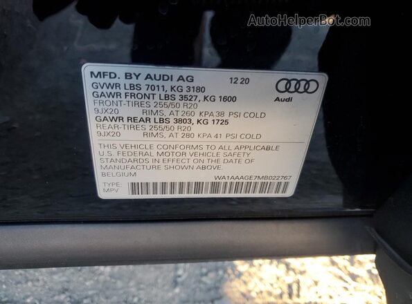 WA1AAAGE7MB022767 2021 AUDI E-TRON Black Widok naklejki z numerem VIN