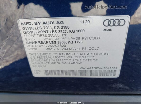 WA1AAAGEXMB013559 2021 AUDI E-TRON Blue Շարժիչի բաժամունքի տեսք