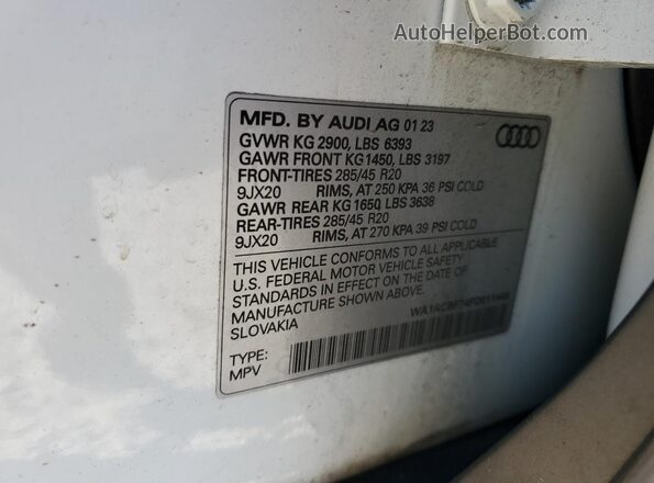 WA1ACBF74PD011446 2023 AUDI Q7 White VIN კოდის სტიკერის ხედი