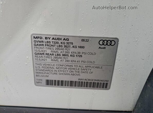 WA1ACBGE3NB040250 2022 AUDI E-TRON White Vista de la etiqueta del VIN