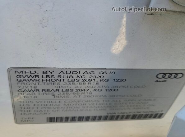 WA1AECF33K1079227 2019 AUDI Q3 White VIN կոդի պիտակի տեսք