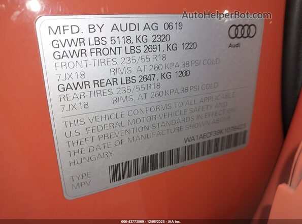 WA1AECF39K1078423 2019 AUDI Q3 Оранжевый Вид подкапотного пространства
