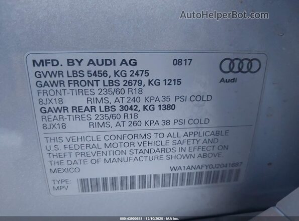 WA1ANAFY0J2041687 2018 AUDI Q5 Silver Engine compartment view