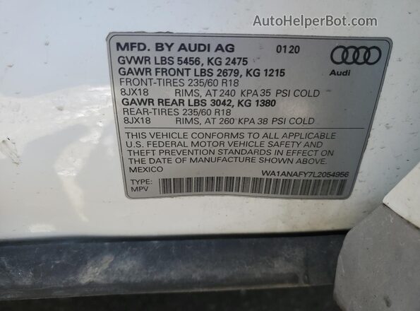 WA1ANAFY7L2054956 2020 AUDI Q5 White Vista de la etiqueta del VIN
