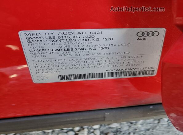 WA1AUCF3XM1127103 2021 AUDI Q3 Red 