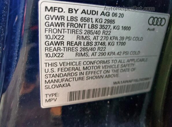 WA1AWAF15LD026951 2020 AUDI SQ8 Blue VIN կոդի պիտակի տեսք