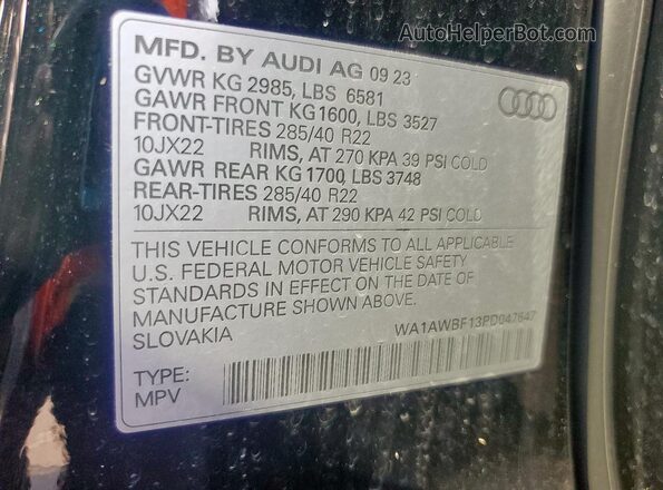 WA1AWBF13PD047647 2023 AUDI SQ8 Black Widok naklejki z numerem VIN