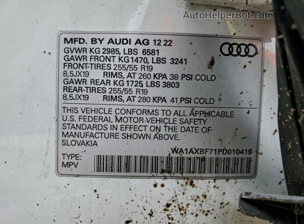 WA1AXBF71PD010419 2023 AUDI Q7 White VIN კოდის სტიკერის ხედი