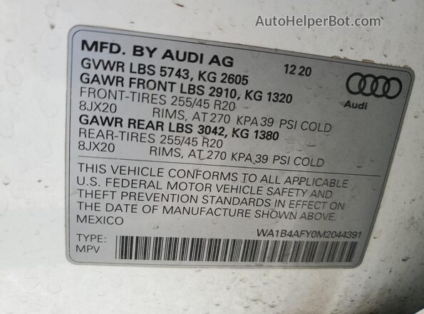WA1B4AFY0M2044391 2021 AUDI SQ5 White Vista interior de 360 grados