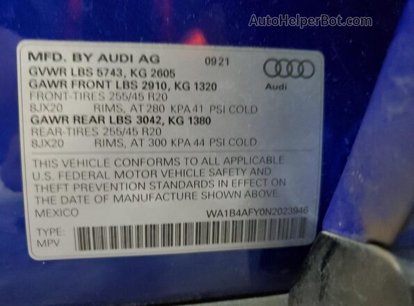 WA1B4AFY0N2023946 2022 AUDI SQ5 Blue Панорамний вид салону 360°
