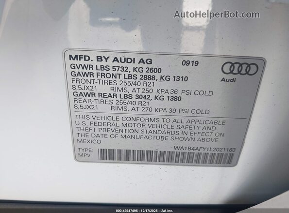 WA1B4AFY1L2021183 2020 AUDI SQ5 White Շարժիչի բաժամունքի տեսք