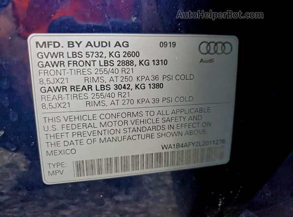 WA1B4AFY2L2011276 2020 AUDI SQ5 Blue VIN կոդի պիտակի տեսք