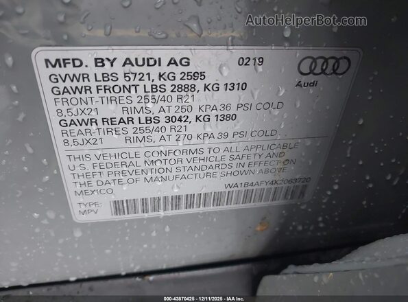 WA1B4AFY4K2063720 2019 AUDI SQ5 Gray Շարժիչի բաժամունքի տեսք