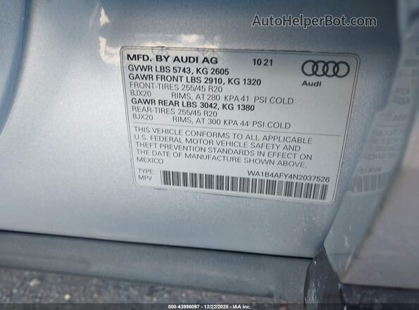 WA1B4AFY4N2037526 2022 AUDI SQ5 Silver Widok komory silnika