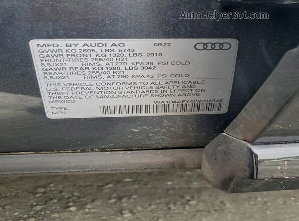 WA1B4AFY4P2036346 2023 AUDI SQ5 Gray VIN sticker view