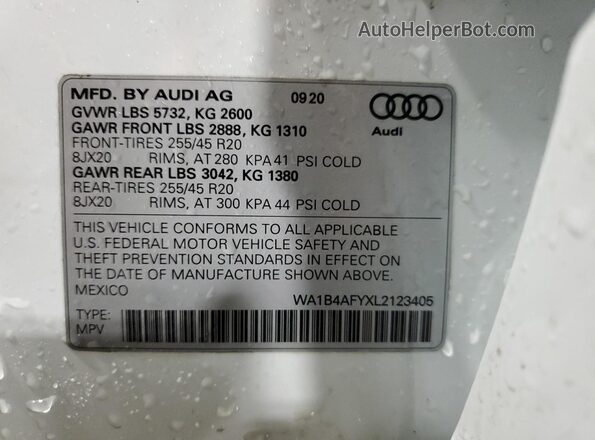 WA1B4AFYXL2123405 2020 AUDI SQ5 White 