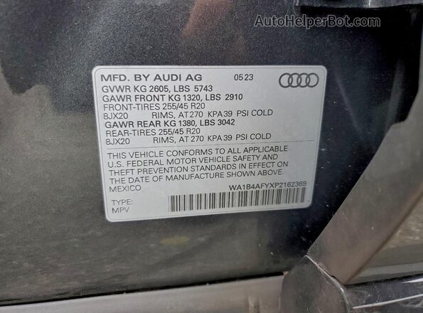 WA1B4AFYXP2162369 2023 AUDI SQ5 Gray VIN კოდის სტიკერის ხედი