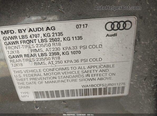 WA1BCCFS2JR011275 2018 AUDI Q3 Серый 