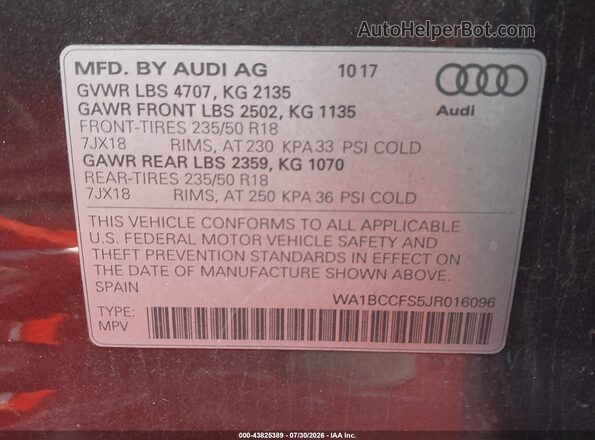 WA1BCCFS5JR016096 2018 AUDI Q3 Серый Вид подкапотного пространства