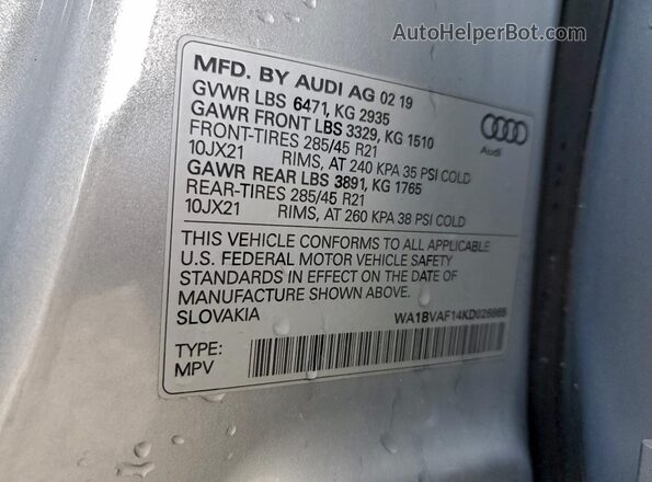 WA1BVAF14KD026865 2019 AUDI Q8 Silver Vista de la etiqueta del VIN
