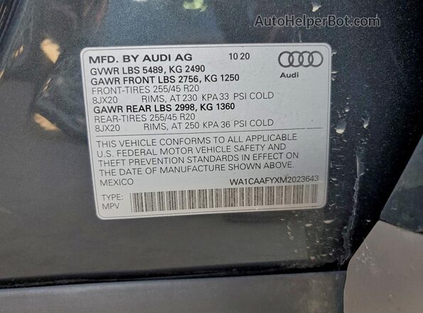WA1CAAFYXM2023643 2021 AUDI Q5 Gray Widok naklejki z numerem VIN