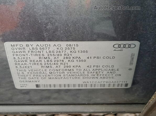 WA1CCAFP9GA037111 2016 AUDI SQ5 Gray Вид наклейки з VIN-кодом