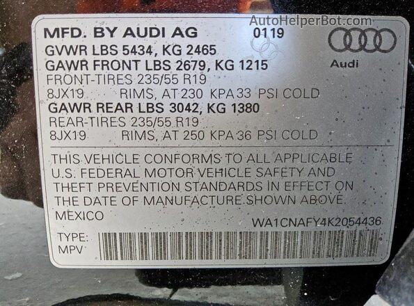WA1CNAFY4K2054436 2019 AUDI Q5 Black Vista de la etiqueta del VIN