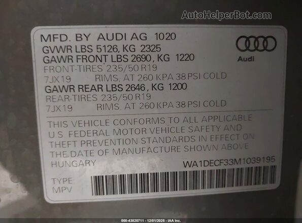 WA1DECF33M1039195 2021 AUDI Q3 Серый Вид подкапотного пространства