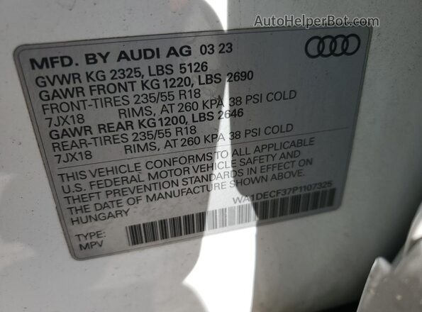 WA1DECF37P1107325 2023 AUDI Q3 White VIN sticker view