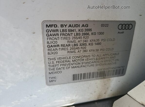 WA1E2AFY4N2084753 2022 AUDI Q5 White Vista de la etiqueta del VIN