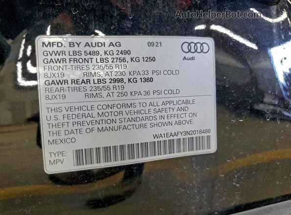 WA1EAAFY3N2018486 2022 AUDI Q5 Black VIN კოდის სტიკერის ხედი