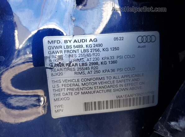 WA1EAAFY3N2117793 2022 AUDI Q5 Blue Вид підкапотного простору