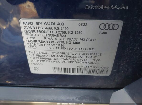 WA1EAAFY5N2083503 2022 AUDI Q5 Blue Vista del compartimento del motor