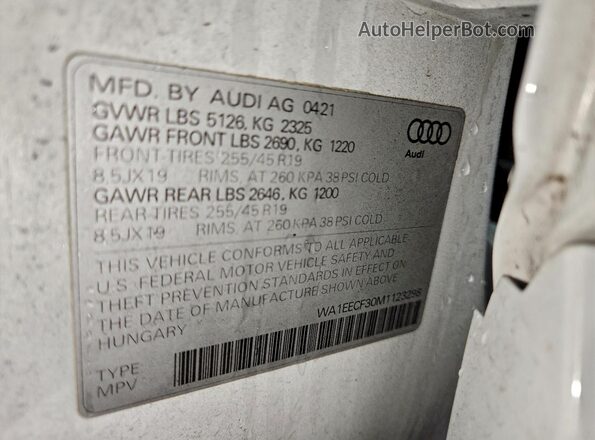 WA1EECF30M1123298 2021 AUDI Q3 White VIN კოდის სტიკერის ხედი