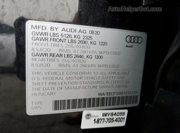 WA1EECF33M1011255 2021 AUDI Q3 Black Vista de la etiqueta del VIN