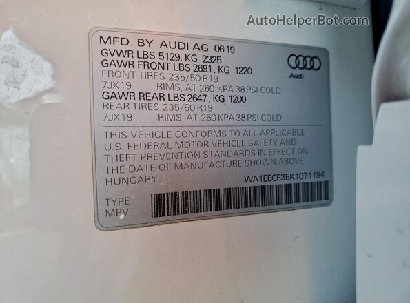 WA1EECF35K1071194 2019 AUDI Q3 White VIN კოდის სტიკერის ხედი