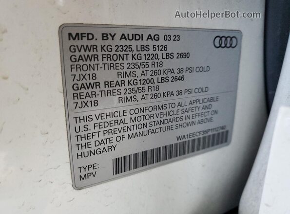 WA1EECF35P1112740 2023 AUDI Q3 White VIN კოდის სტიკერის ხედი