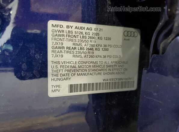 WA1EECF38N1007512 2022 AUDI Q3 Синий Панорамный вид салона 360°