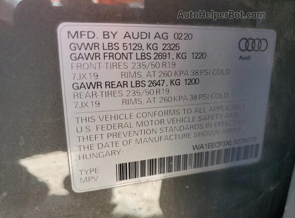 WA1EECF3XL1079079 2020 AUDI Q3 Gray VIN sticker view