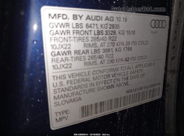 WA1EVAF15LD008745 2020 AUDI Q8 Dark Blue Vista del compartimento del motor