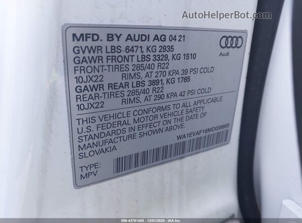 WA1EVAF16MD038905 2021 AUDI Q8 White Շարժիչի բաժամունքի տեսք