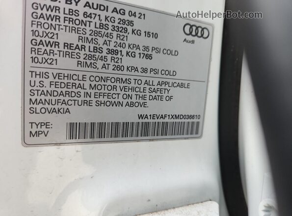 WA1EVAF1XMD036610 2021 AUDI Q8 White სალონის 360-გრადუსიანი ხედი