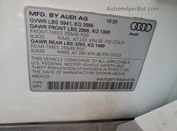 WA1F2BFY7M2013720 2021 AUDI Q5 White 