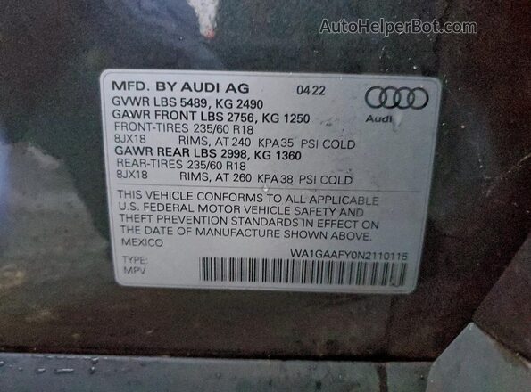 WA1GAAFY0N2110115 2022 AUDI Q5 Gray Вид наклейки з VIN-кодом