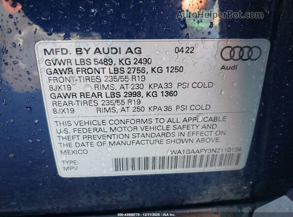 WA1GAAFY3N2110156 2022 AUDI Q5 Blue Շարժիչի բաժամունքի տեսք