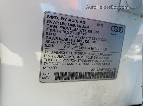 WA1GAAFY4N2002127 2022 AUDI Q5 White Vista de la etiqueta del VIN