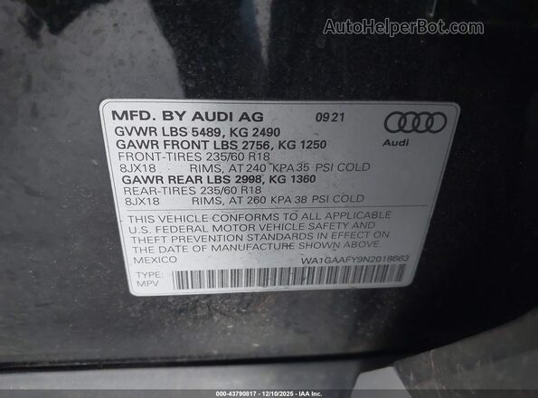 WA1GAAFY9N2018663 2022 AUDI Q5 Black ძრავის განყოფილების ხედი