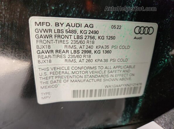 WA1GAAFYXN2121476 2022 AUDI Q5 Черный Вид наклейки с VIN-кодом